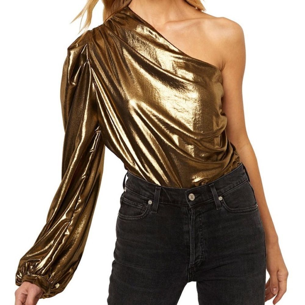 Misa One Shoulder Body Suit Gold Lame